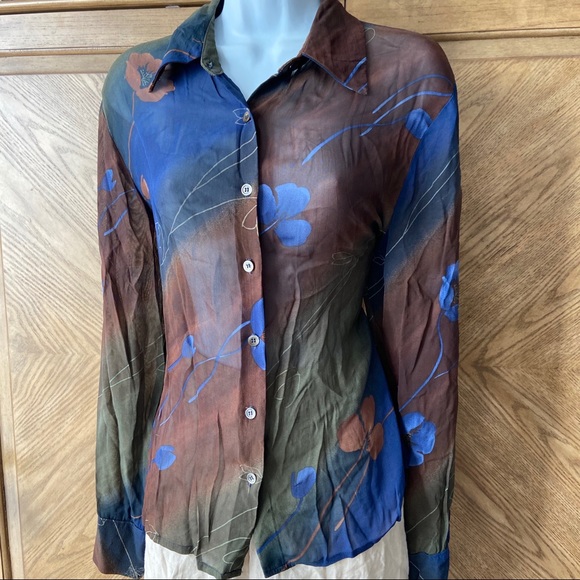 Georgiou Vintage brown blue floral sheer blouse - Picture 5 of 9